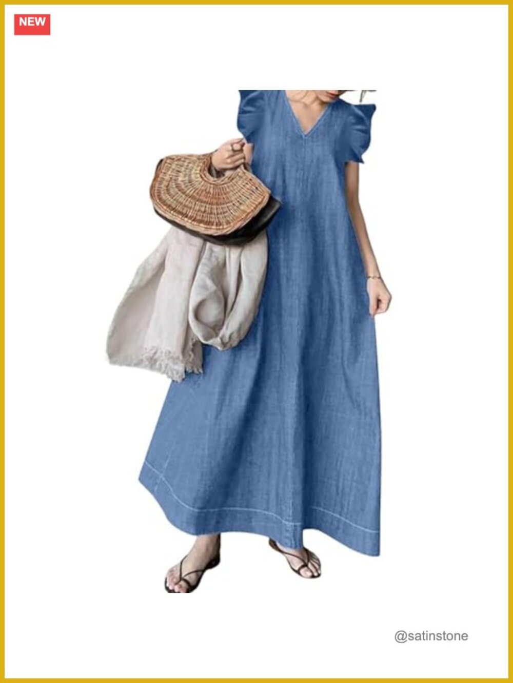 Womens Loose Fit Ruffle Sleeveless V-Neck A-Line Jean Maxi Denim Dress